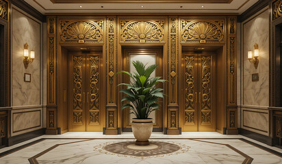 A luxurious hotel lobby features ornate gold elevator doors, marble flooring, and a potted plant. The opulent design evokes elegance and sophistication.