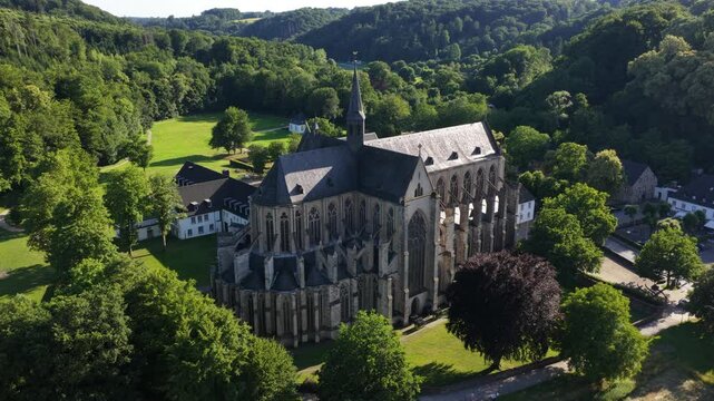 Altenberg Cathedral, aerial drone video. The Altenberger Dom or Bergischer Dom is the former abbey church of Altenberg Abbey