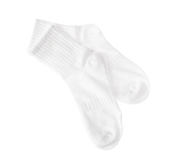 Pair of comfortable socks isolated on white, top view