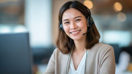 Portrait of a smiling Asian businesswoman in a call center