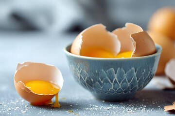 Freshly cracked eggs with yolks in blue bowl on textured surface during bright morning light