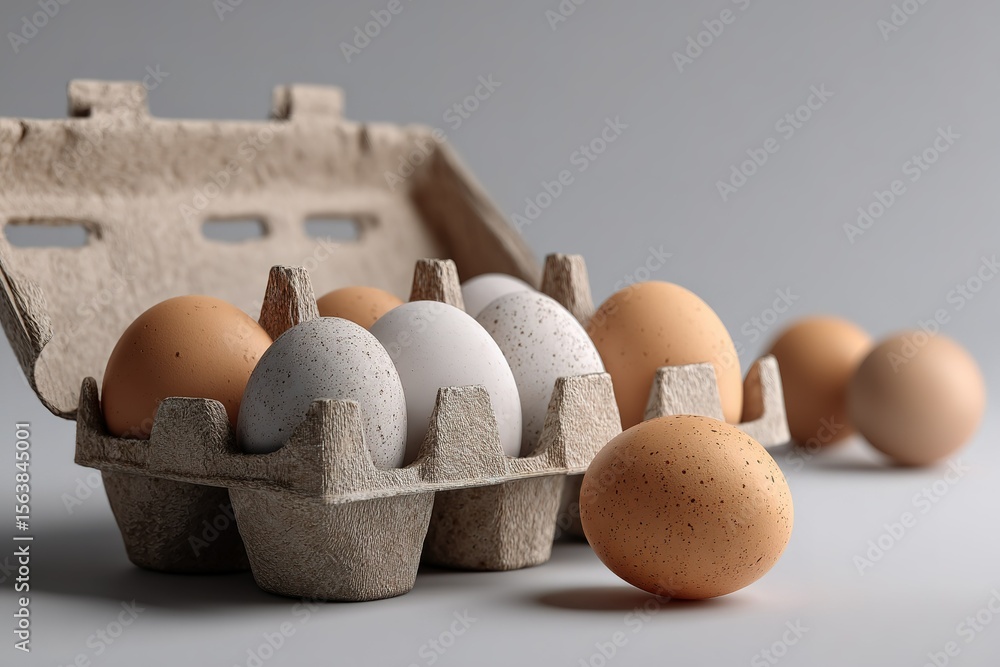 Poster natural eggs displayed in a carton with a blurred background and various colors showcasing their uni