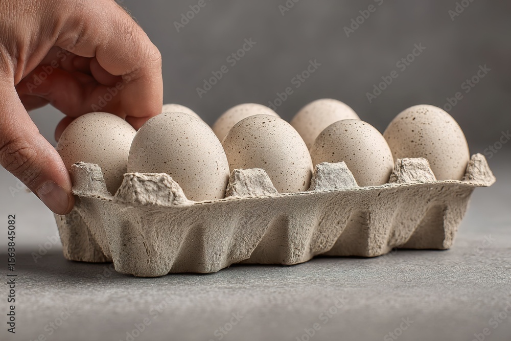 Poster hand selecting eggs from a carton on a gray surface in a kitchen setting during daylight hours