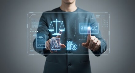 Futuristic Legal Tech: Man Interacting with Holographic Law Interface