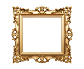 Ornate gold frame with intricate carvings and a transparent background offering a vintage, antique, or luxurious touch to any project needing elegant borders.
