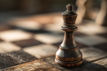 Chess master prepares to make a decisive move with a wooden king piece on a rustic board during a strategic game