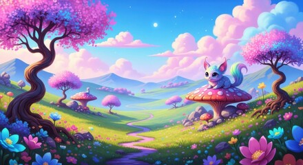 Enchanting Fantasy Landscape with Cute Creature Amidst Whimsical Flora