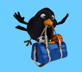 Fun 3D cartoon bird with a sport bag