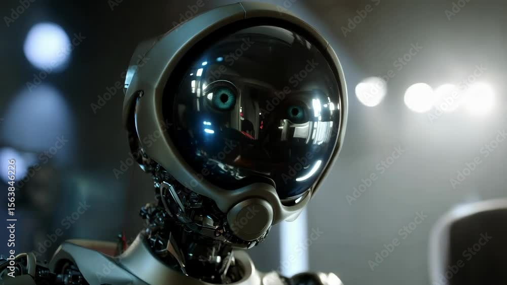 Poster futuristic robot with reflective helmet analyzing surroundings in a hightech environment