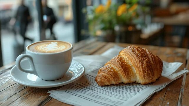 Freshly Brewed Coffee and Croissant on a Rustic Wooden Table in Cozy Caf&eacute; Setting