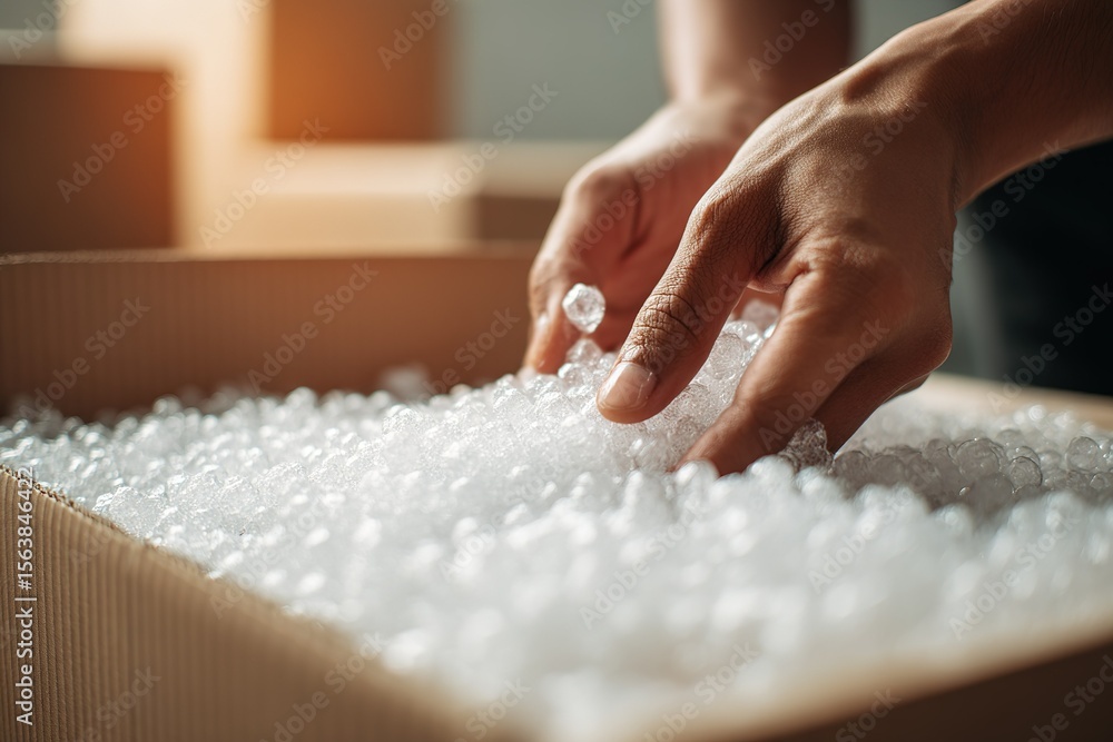 Poster hands sorting packing materials in a cardboard box during a product shipment preparation process