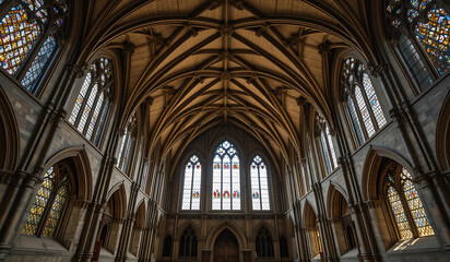 A majestic view of a Gothic church's interior, showcasing intricate ribbed vaulting, arched windows, and stonework. The architectural details and natural light create a sense of awe and grandeur.