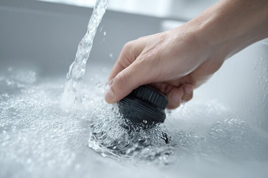 Hand adjusts water flow with a valve in a modern sink, showcasing practical home maintenance at midday