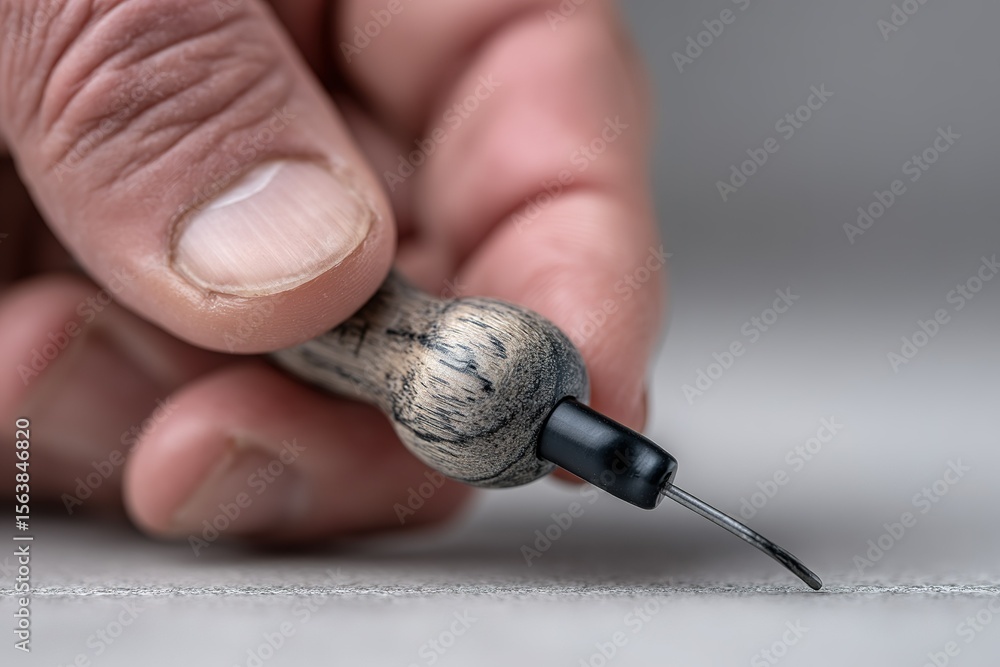 Poster detailed close-up of a person using a handmade tool to carve a design into soft material in a well-l