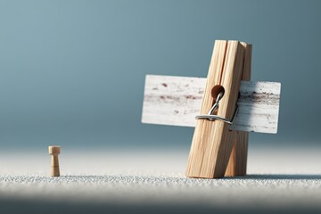 Unique wooden clothespin stands beside a miniature figure on a textured surface capturing a playful perspective of everyday objects
