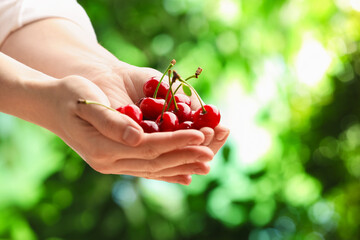 Woman with fresh cherries against blurred green background, closeup. Space for text