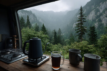 Cozy camper kitchen with steaming coffee overlooking misty mountains camper van kettle