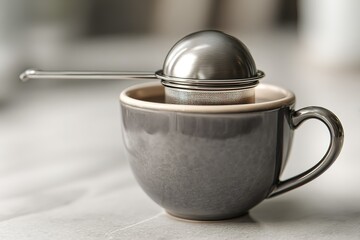 Elegant tea cup with a metal infuser placed on a stone countertop capturing a moment of tea preparation indoors