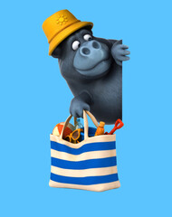 Fun 3D cartoon gorilla with a beach bag