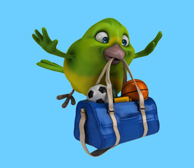 Fun 3D cartoon bird with a sport bag