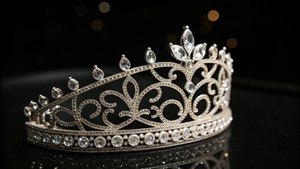 Obraz premium Elegant Silver Diamond Tiara Crown, Luxurious, Sparkling, Royalty, Black Background