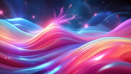 Fototapeta premium Vibrant Fluid Gradient Waves in Neon Blue, Magenta, and Coral with Ethereal Glow for Digital Interfaces, Posters, and Packaging, Seamless 4K Abstract Background