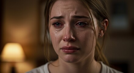 Sad young woman crying with tears on face expressing emotion