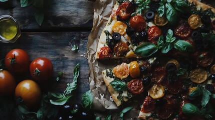 Focaccia Pugliese with Cherry Tomatoes, Black Olives, and Basil