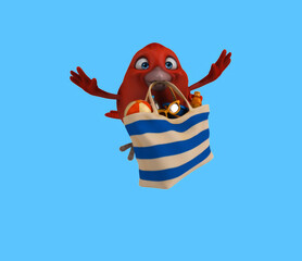 Fun 3D cartoon bird with a beach bag