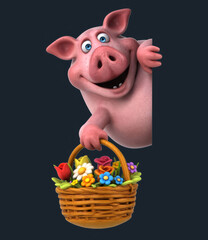 Fun 3D cartoon pig with flowers