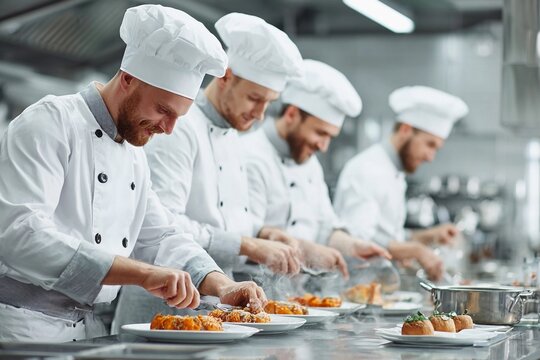 Professional chefs preparing gourmet dishes in a busy kitchen during dinner service