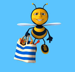 Fun 3D cartoon bee with a beach bag