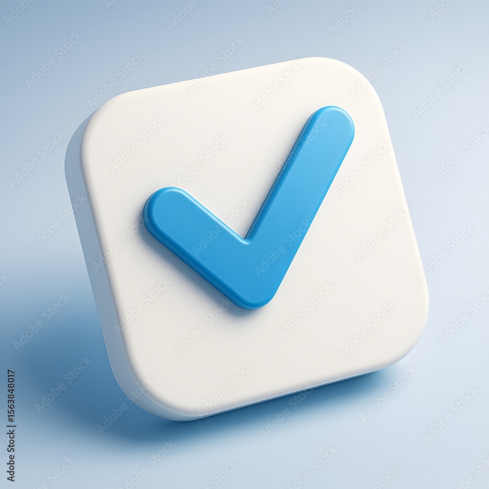 Poster blue check mark on a white square button isolated on white background
