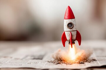 Rocket launching from a surface with smoke and flames, capturing the moment of ignition