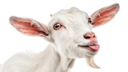 Funny white baby goat sticking out its tongue isolated on transparent background