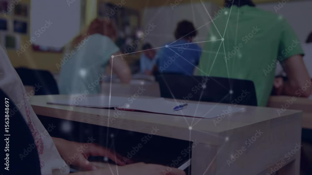 Poster front-left student sliding drawer and retrieving tablet as network overlay pulsing for class
