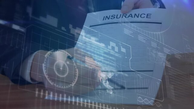 Upon overlay appearance, businessman hands rotating contract, signing line, finalizing policy