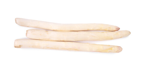 Three raw asparagus spears isolated on white, top view