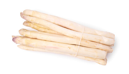 Bunch of raw asparagus spears isolated on white, top view