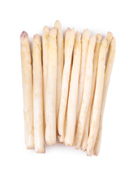 Many raw asparagus spears isolated on white, top view