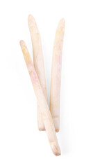 Three raw asparagus spears isolated on white