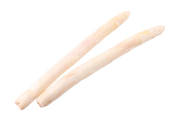 Two raw asparagus spears isolated on white, top view