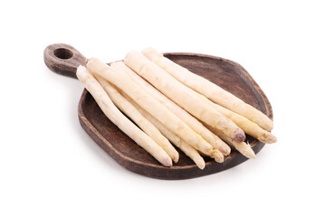 Many raw asparagus spears isolated on white