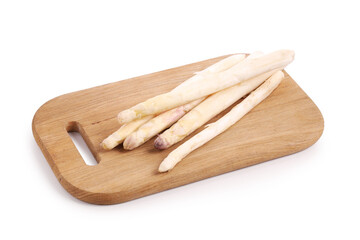 Many raw asparagus spears isolated on white