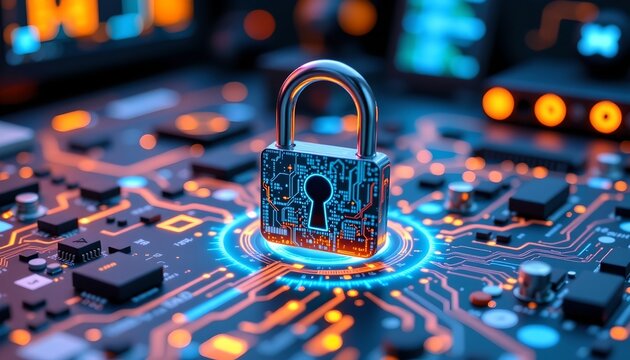a padlock sitting atop an intricate circuit board with various electronic components, all illuminated by blue light, creating a digital or futuristic theme