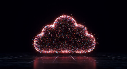 Glowing pink cloud icon on reflective black background representing digital technology and data storage