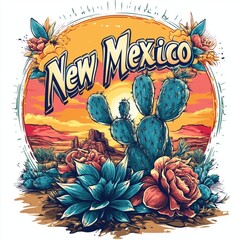 A vibrant illustration of New Mexico features cacti, flowers, and a desert landscape with the state name prominently displayed. The colorful artwork captures the essence of New Mexico's natural beauty