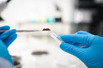 Scientist taking soil sample for research in laboratory, closeup
