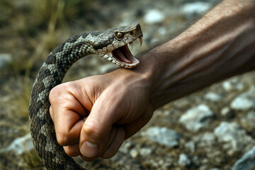Concept Image of Viper Snake Bite on Human Arm. Dangerous Wildlife Encounter and Venomous Attack in Wilderness Survival Scenario