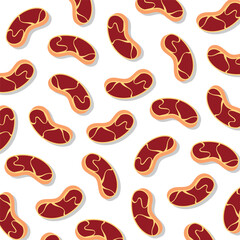 Seamless pattern of cartoon-style raw meat slices with marbled texture on white background. Flat design, isolated food elements